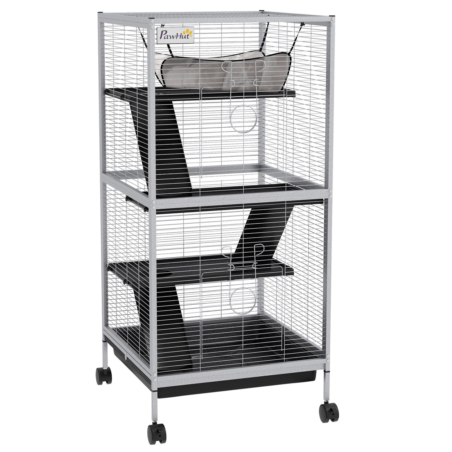 Large ferret cage with wheels featuring multiple levels and ramps for small pets