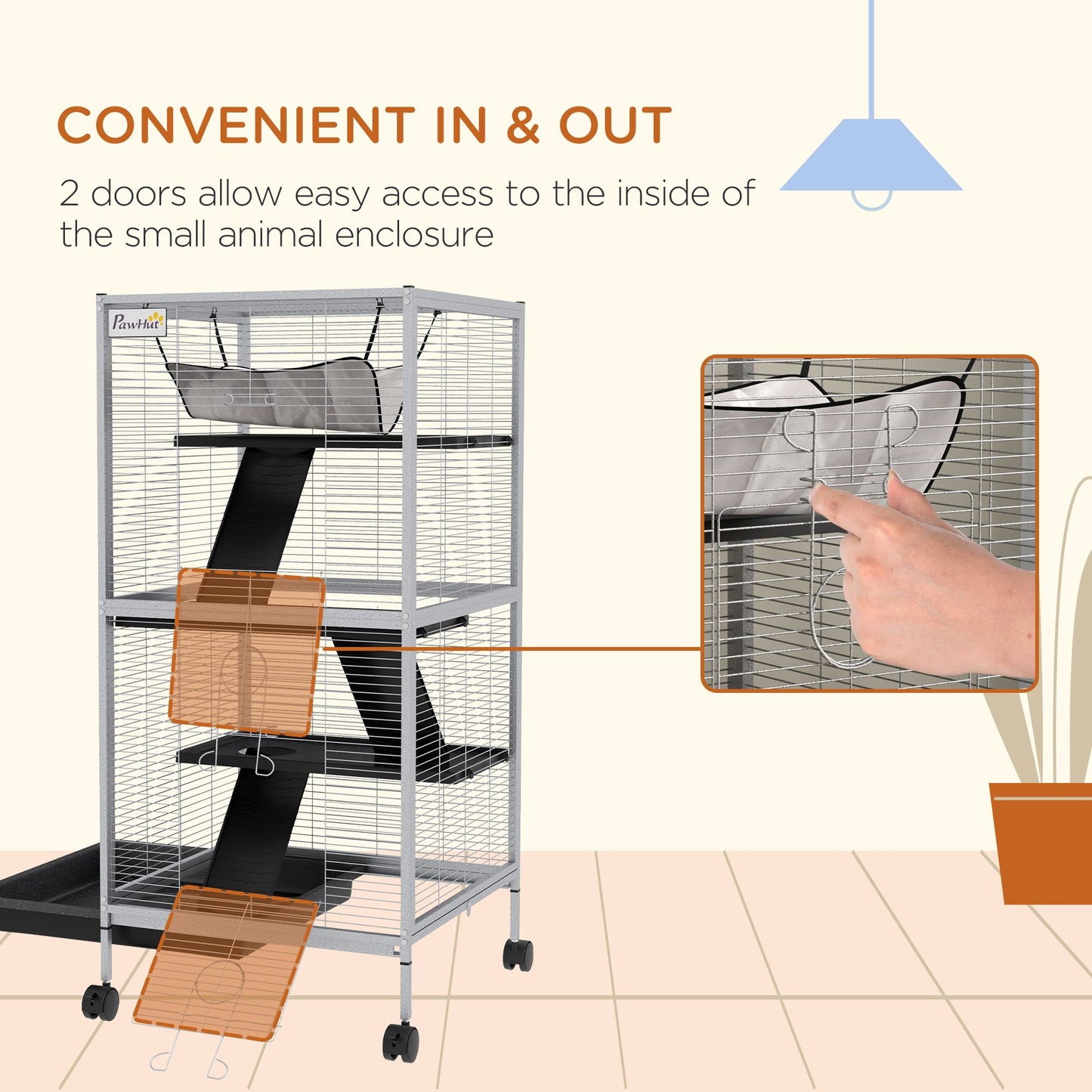 Large ferret cage with wheels featuring two doors for easy access to the inside of the small animal enclosure