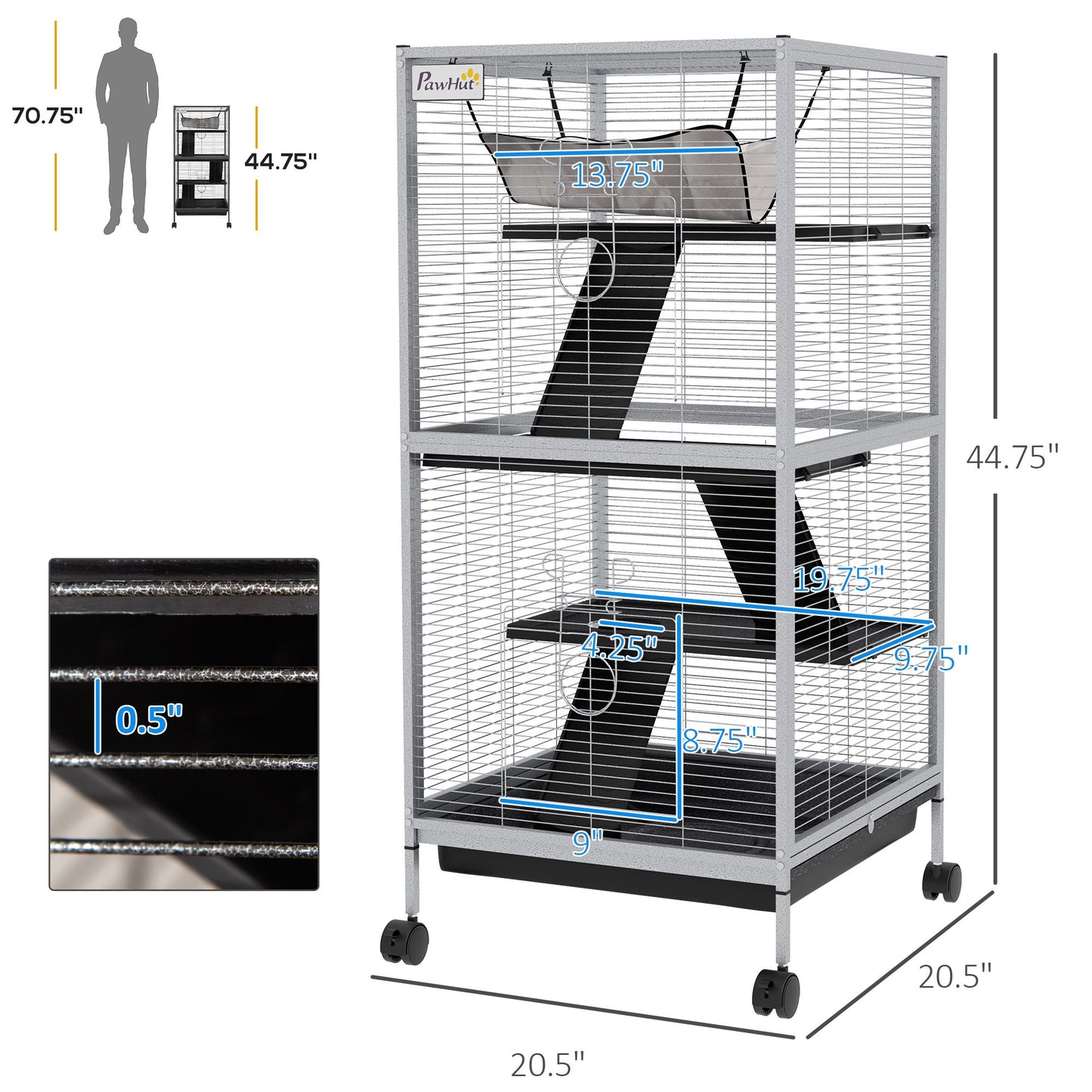 Large ferret cage with wheels by PawCounter.com featuring multiple levels and ramps for pet comfort