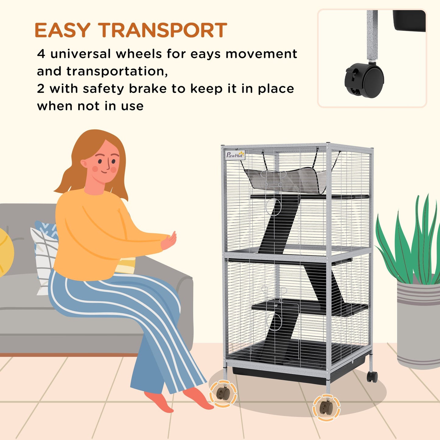Large ferret cage with wheels featuring 4 universal wheels and safety brakes for easy transport