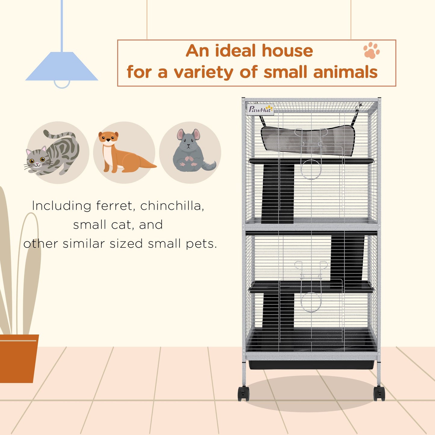 Large ferret cage with wheels from PawCounter.com featuring multiple levels and accessories for small pets