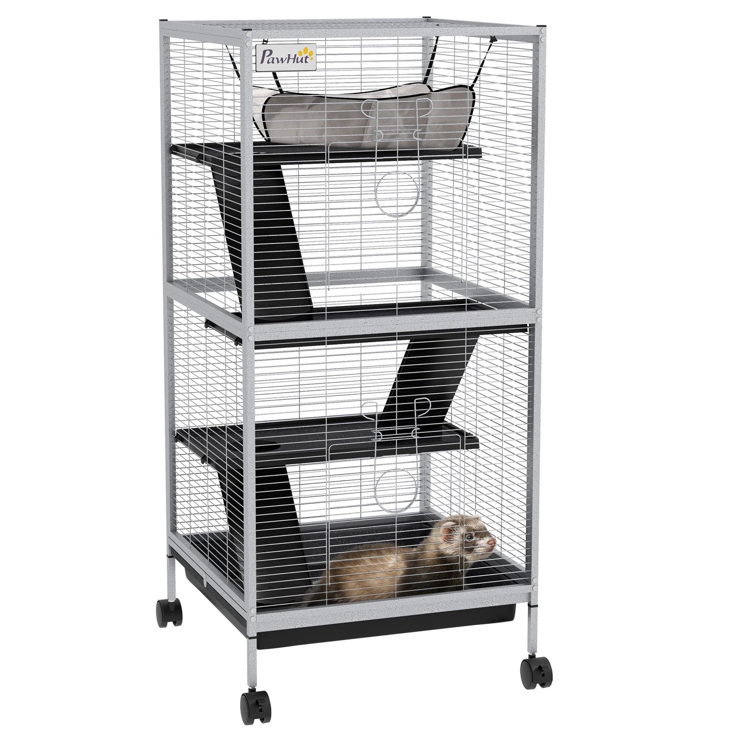 Large ferret cage with wheels featuring multiple levels and ramps for ferret play and rest