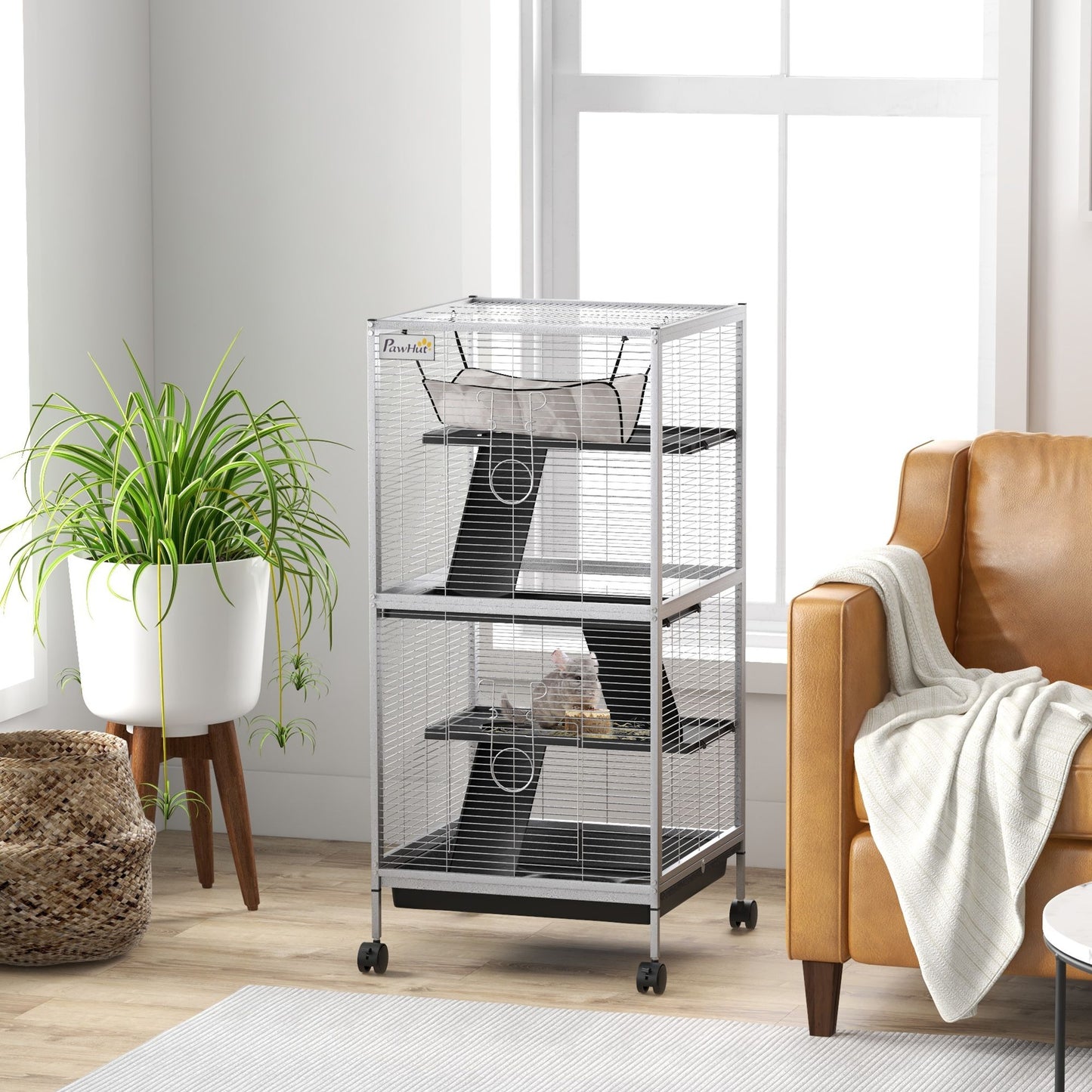 Large ferret cage with wheels featuring multiple levels and ramps in a modern living room