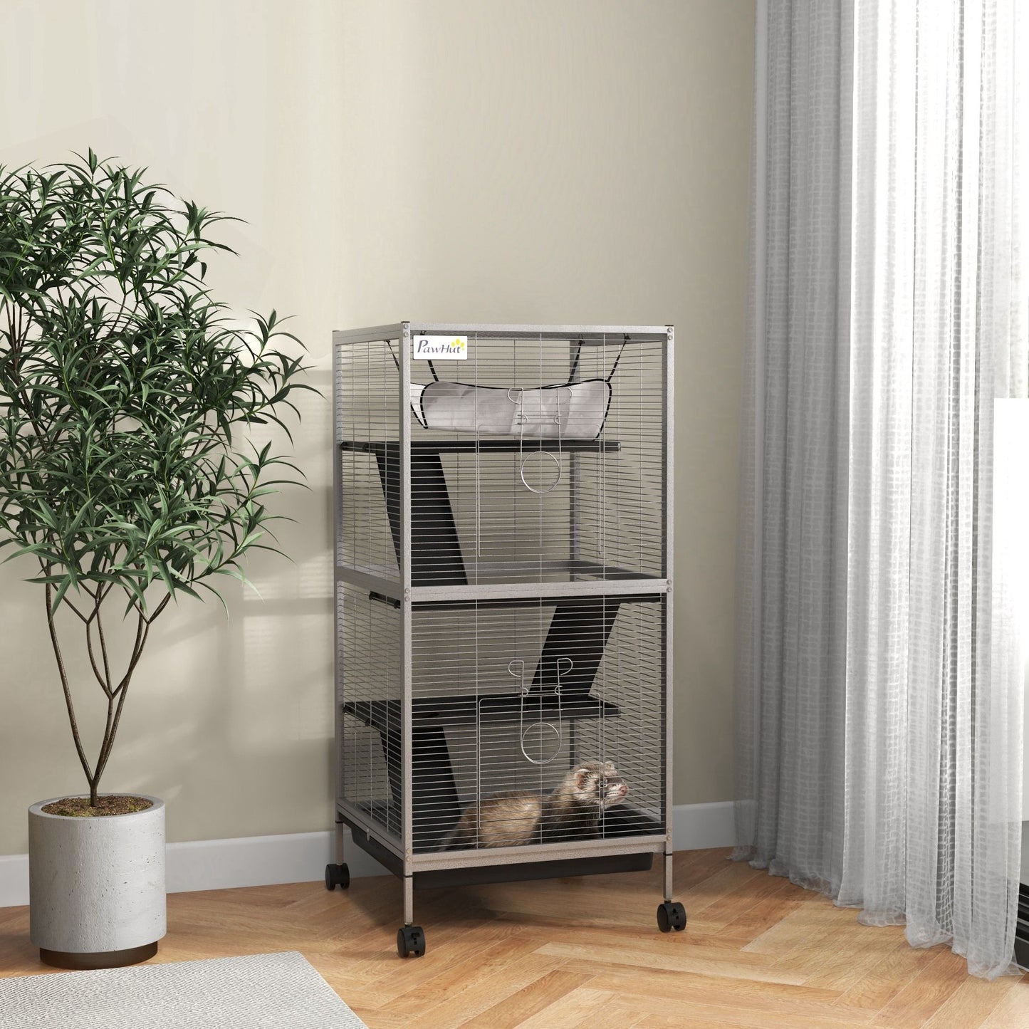 Large ferret cage with wheels by PawCounter.com featuring multiple levels and a cozy hammock inside
