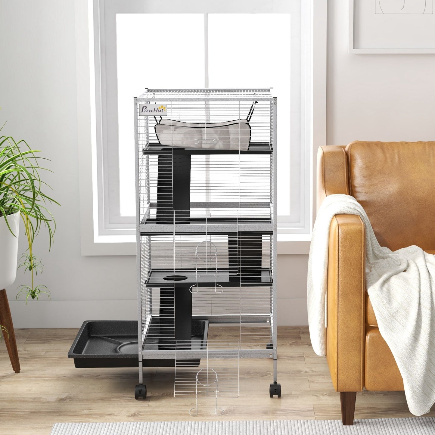 Large ferret cage with wheels featuring multiple levels and accessories in a modern living room