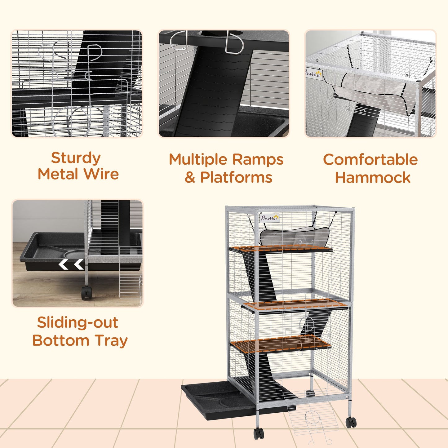 Large ferret cage with wheels featuring sturdy metal wire, multiple ramps, platforms, comfortable hammock, and sliding-out bottom tray