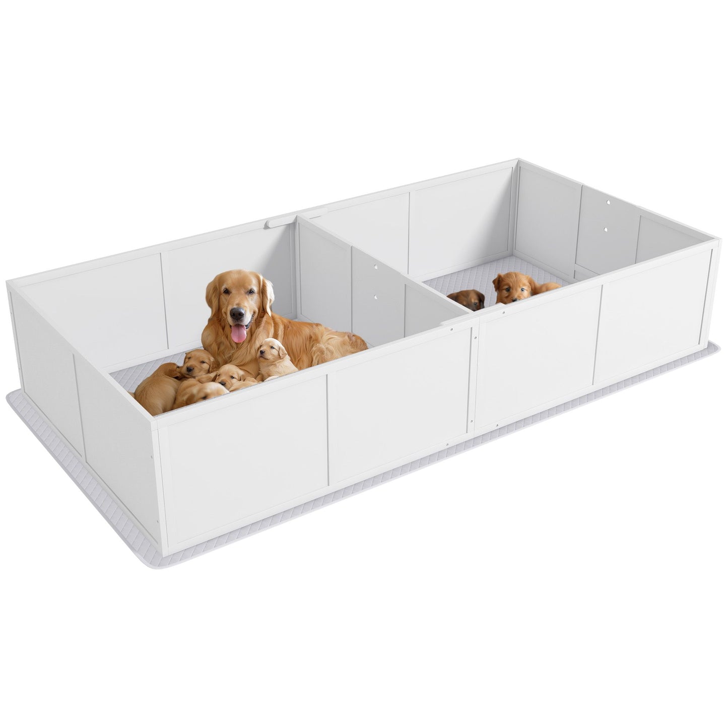 White whelping box for puppies with adult dog and several puppies inside by PawCounter.com