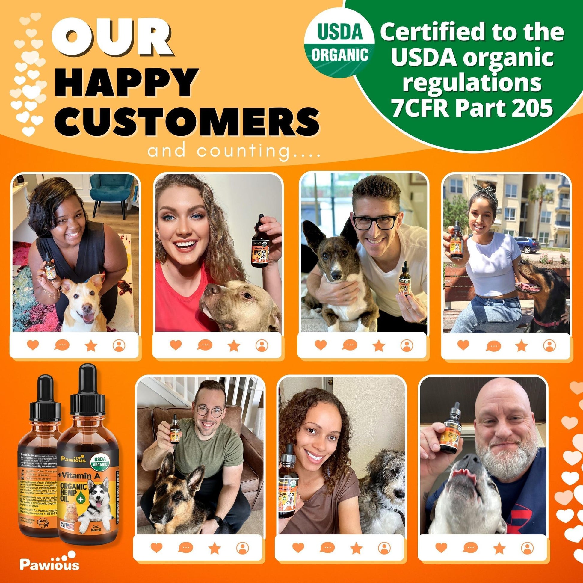 Happy customers holding hemp oil for dogs joint pain bottles with their dogs showing USDA organic certification