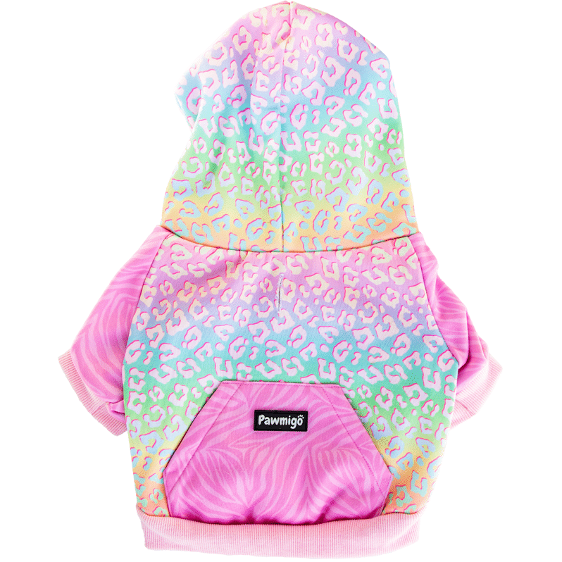 Colorful dog hoodie by Pawmigo with a vibrant leopard print design and soft fabric