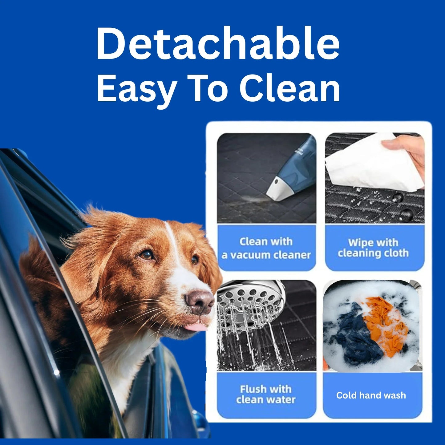 Detachable easy to clean heavy duty dog car seat cover shown with dog leaning from car and cleaning method icons