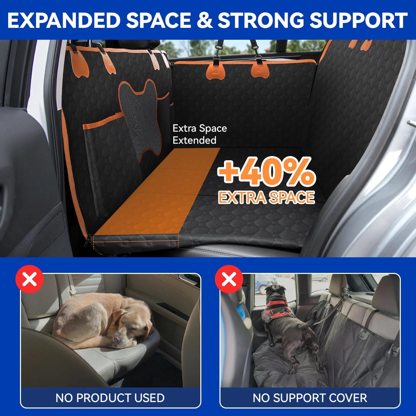 Quilted black and orange heavy duty dog car seat cover with extended platform for 40 percent extra space and strong support