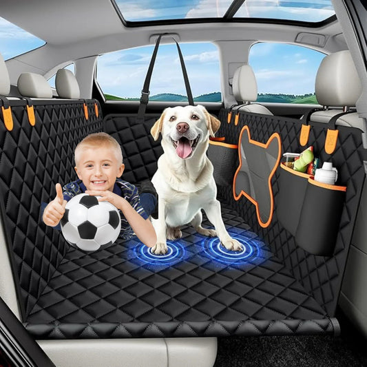 heavy duty dog car seat cover black quilted full backseat hammock with orange trim storage pockets and dog