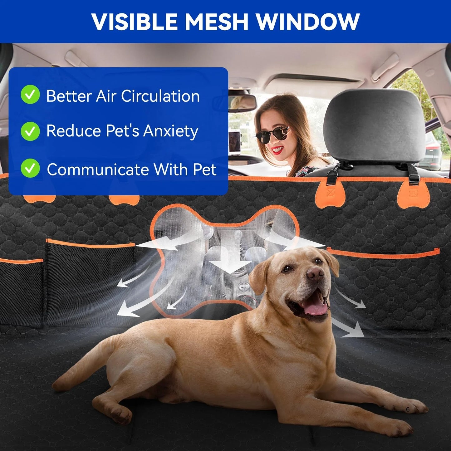 heavy duty dog car seat cover black quilted with mesh window and side pockets shown with labrador in backseat
