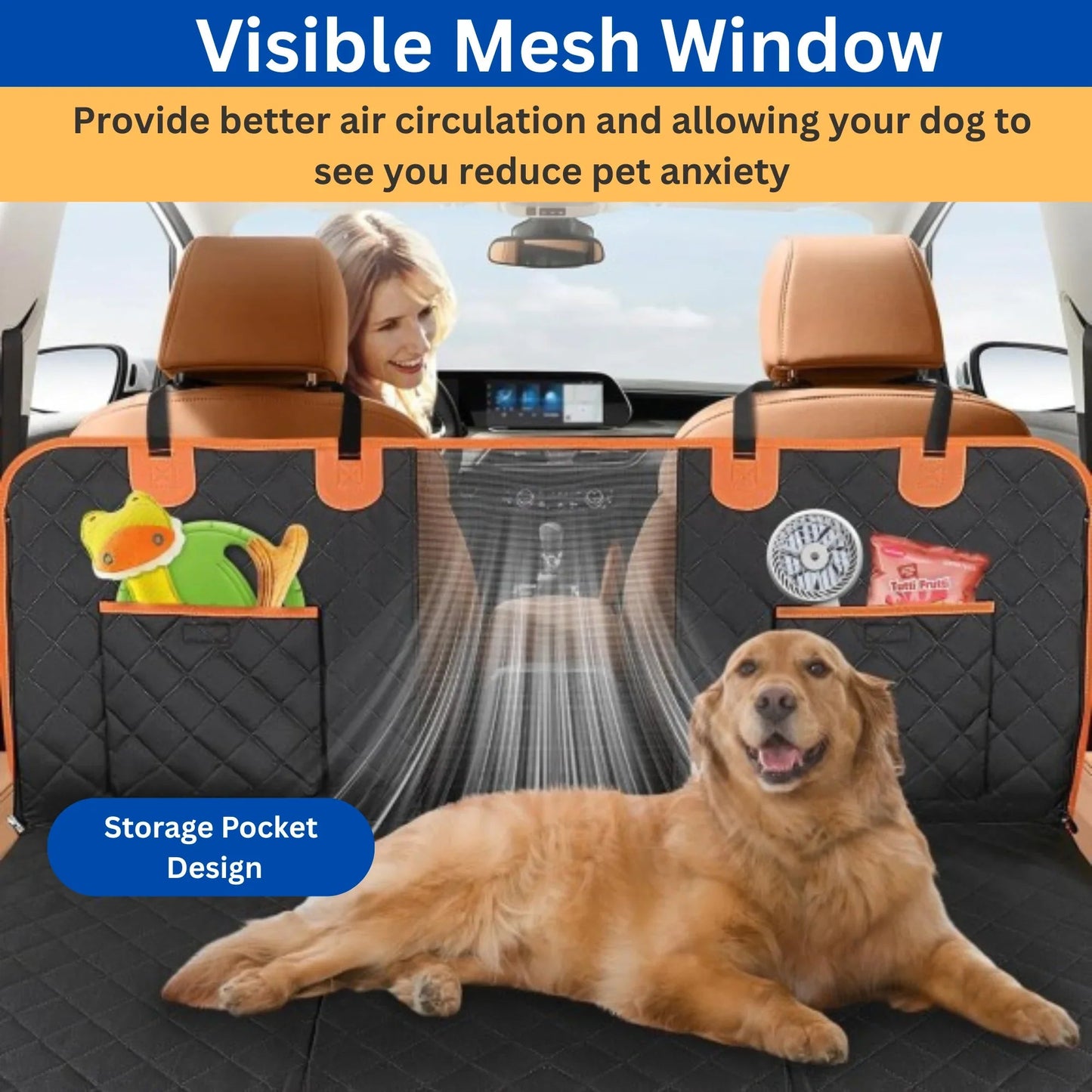 heavy duty dog car seat cover black quilted with visible mesh window and storage pockets and golden retriever lying