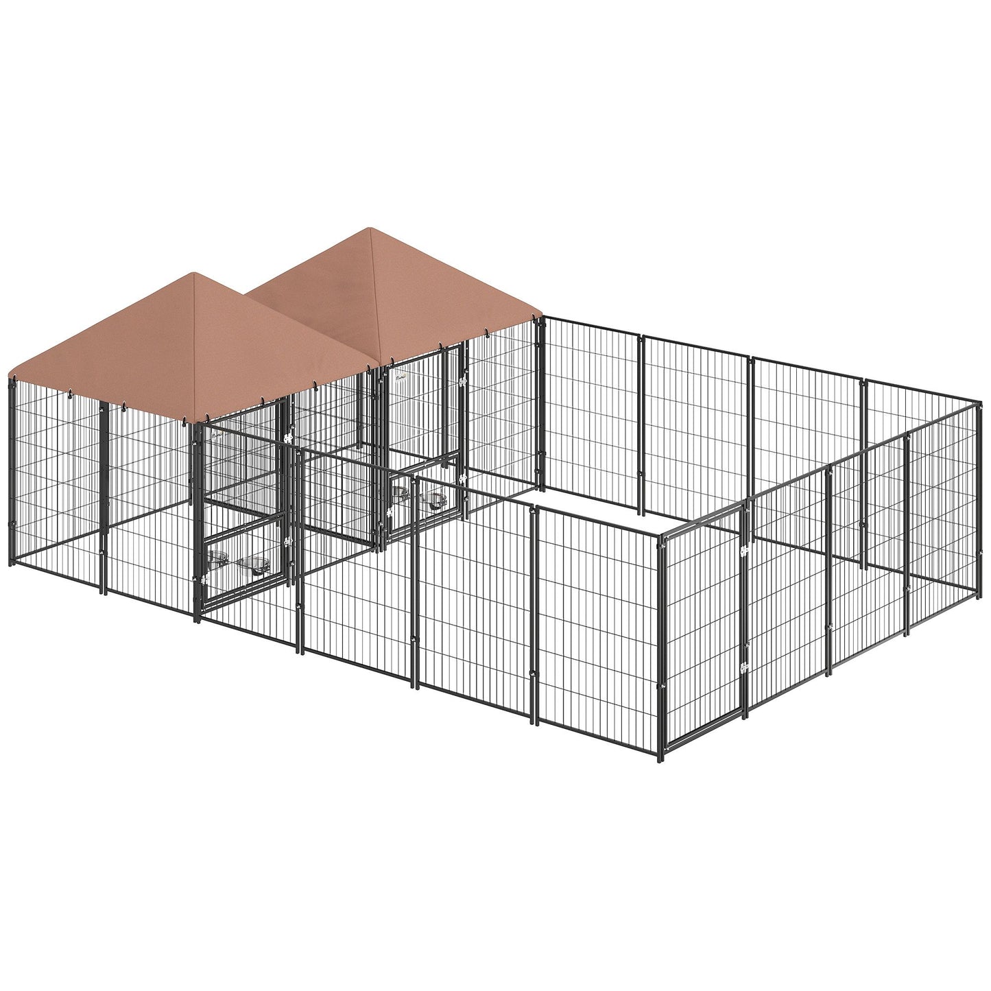 Large outdoor dog kennel with metal wire panels and two connected shaded roof sections