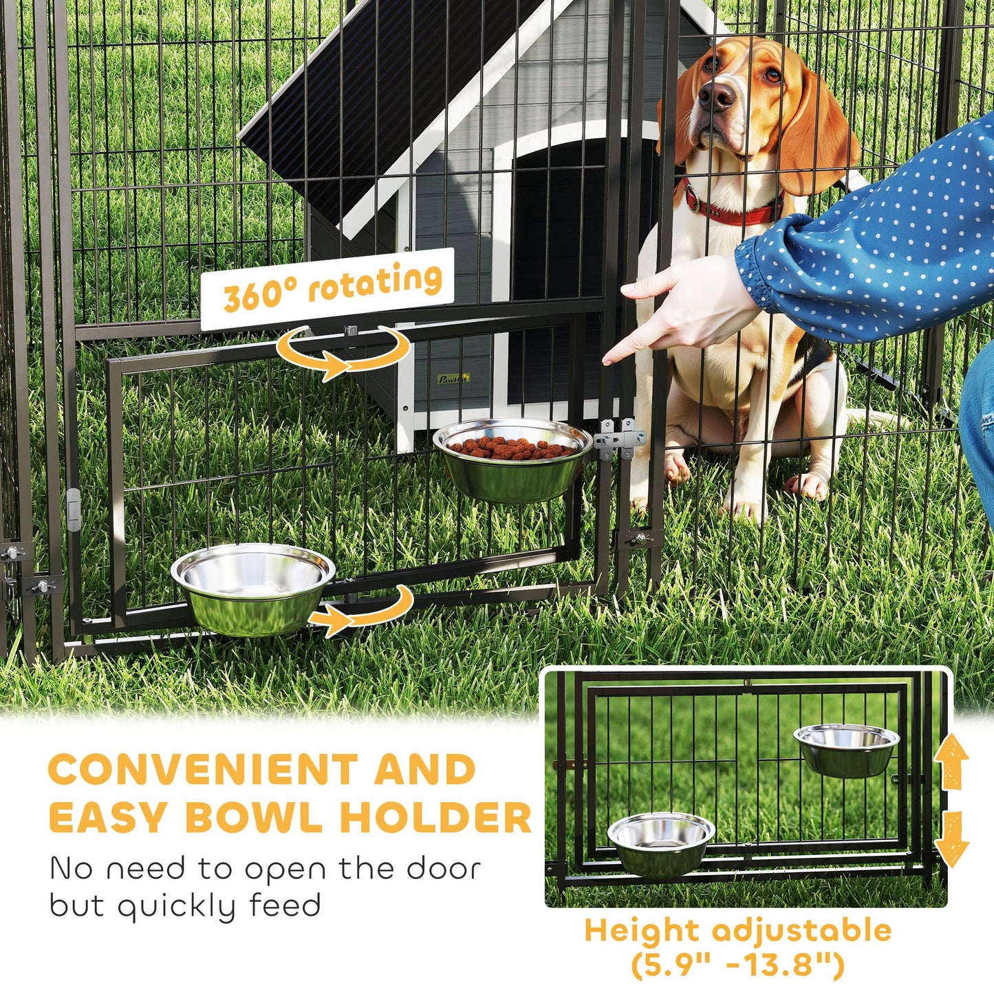 Large outdoor dog kennel with 360 degree rotating easy bowl holder and height adjustable feeding bowls