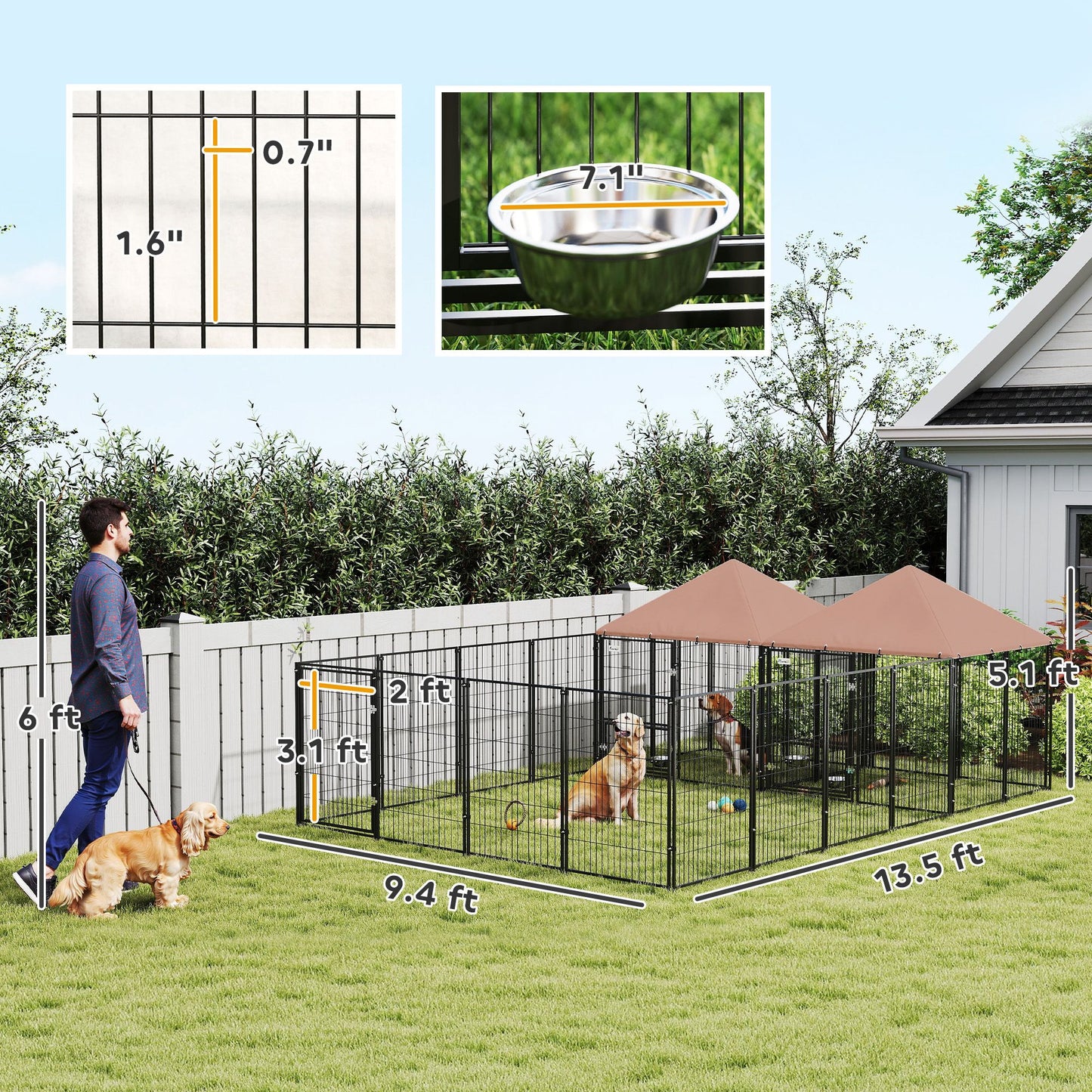 Large outdoor dog kennel from PawCounter.com with metal fencing and two shade covers for multiple dogs