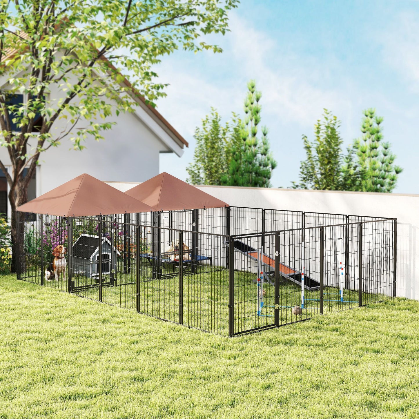 Large outdoor dog kennel with black metal panels and shaded area, perfect for spacious pet enclosure