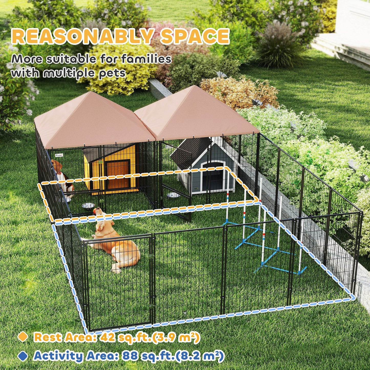 Large outdoor dog kennel with covered rest and activity areas for multiple pets in a grassy backyard