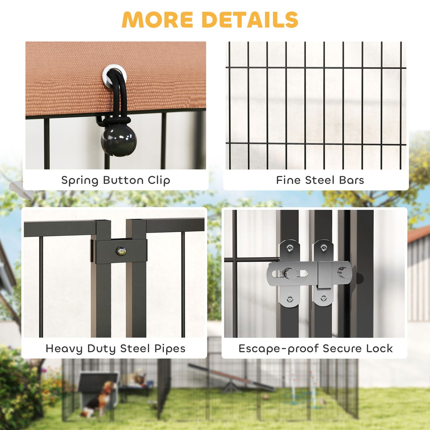 Close-up details of large outdoor dog kennel with spring button clip fine steel bars heavy duty steel pipes and escape-proof secure lock