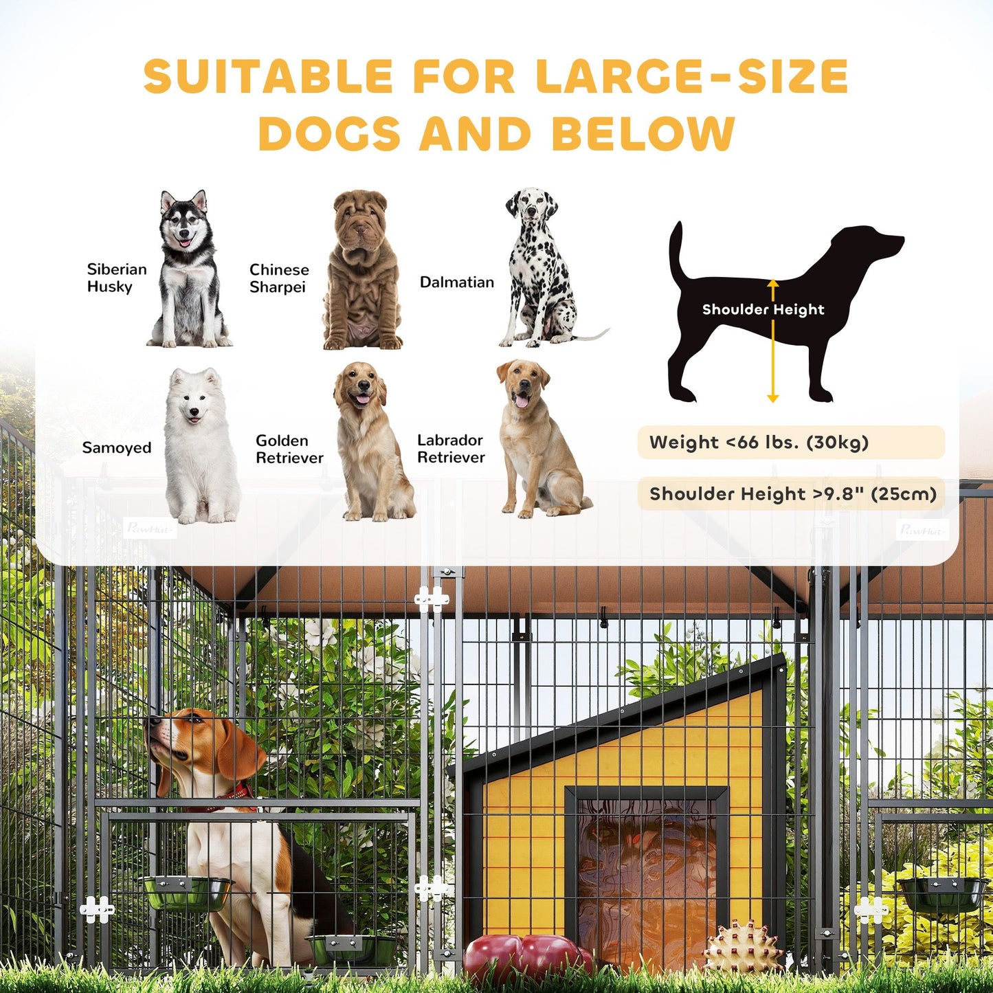 Large outdoor dog kennel with a dog inside and detailed size guide for large dog breeds