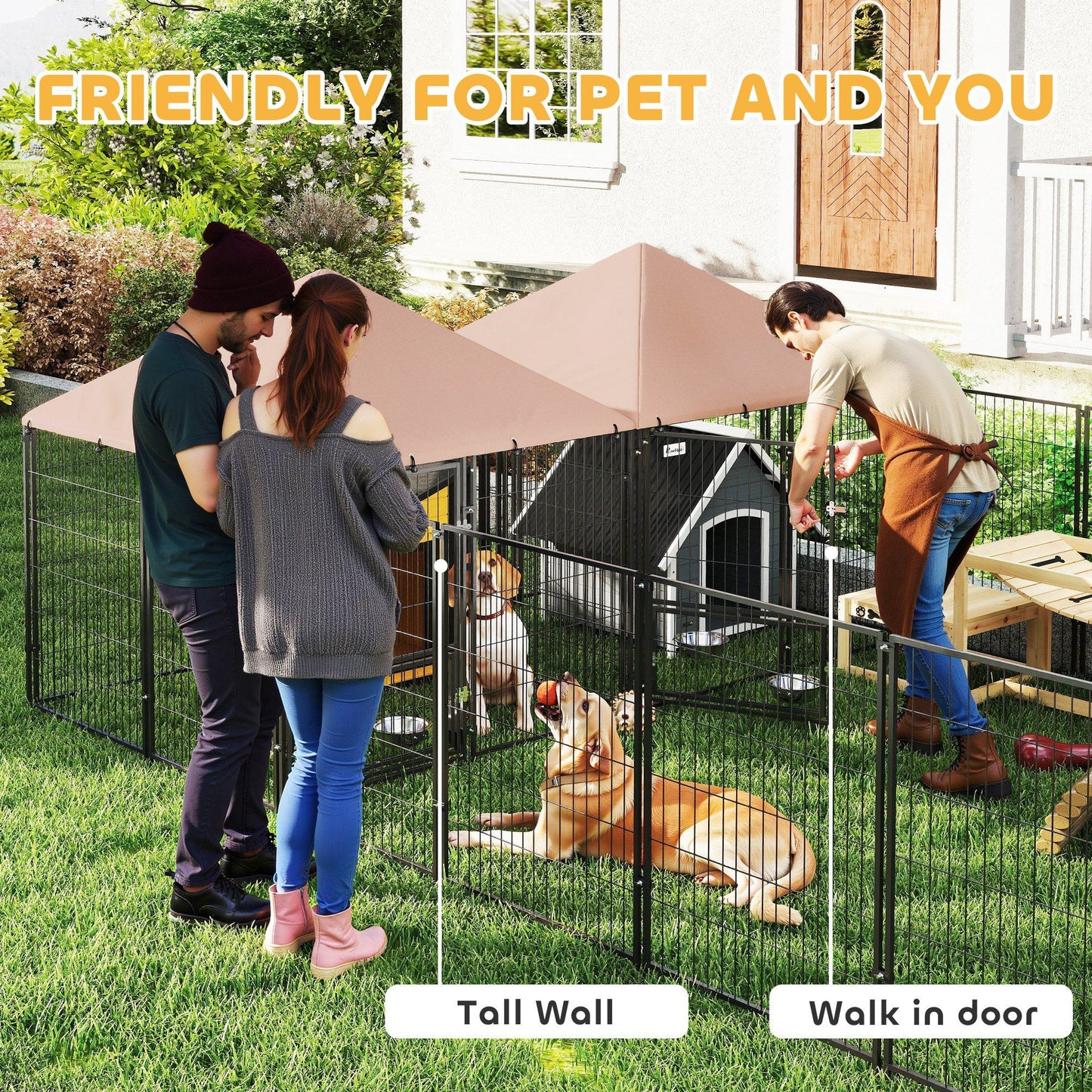 Large outdoor dog kennel with tall walls and walk in door housing two dogs with people nearby