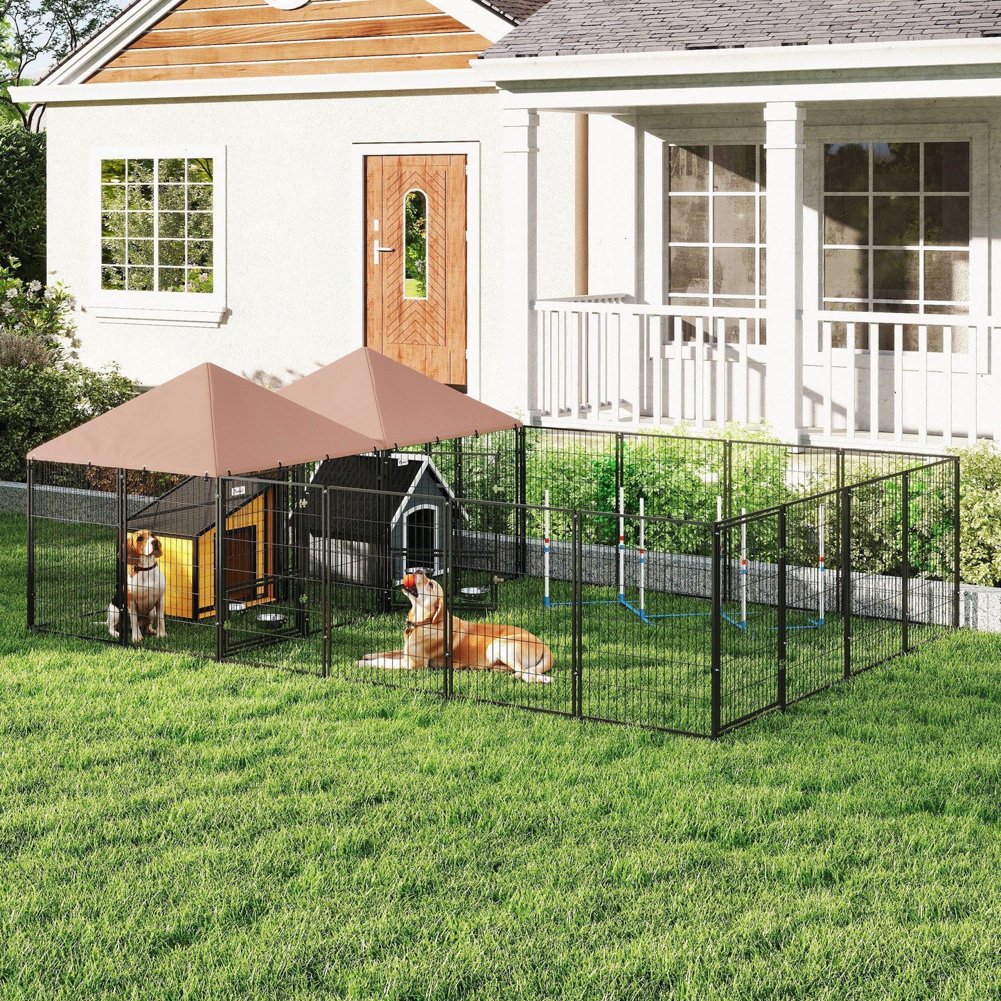 Large outdoor dog kennel with shaded cover and spacious pen housing two dogs on green lawn