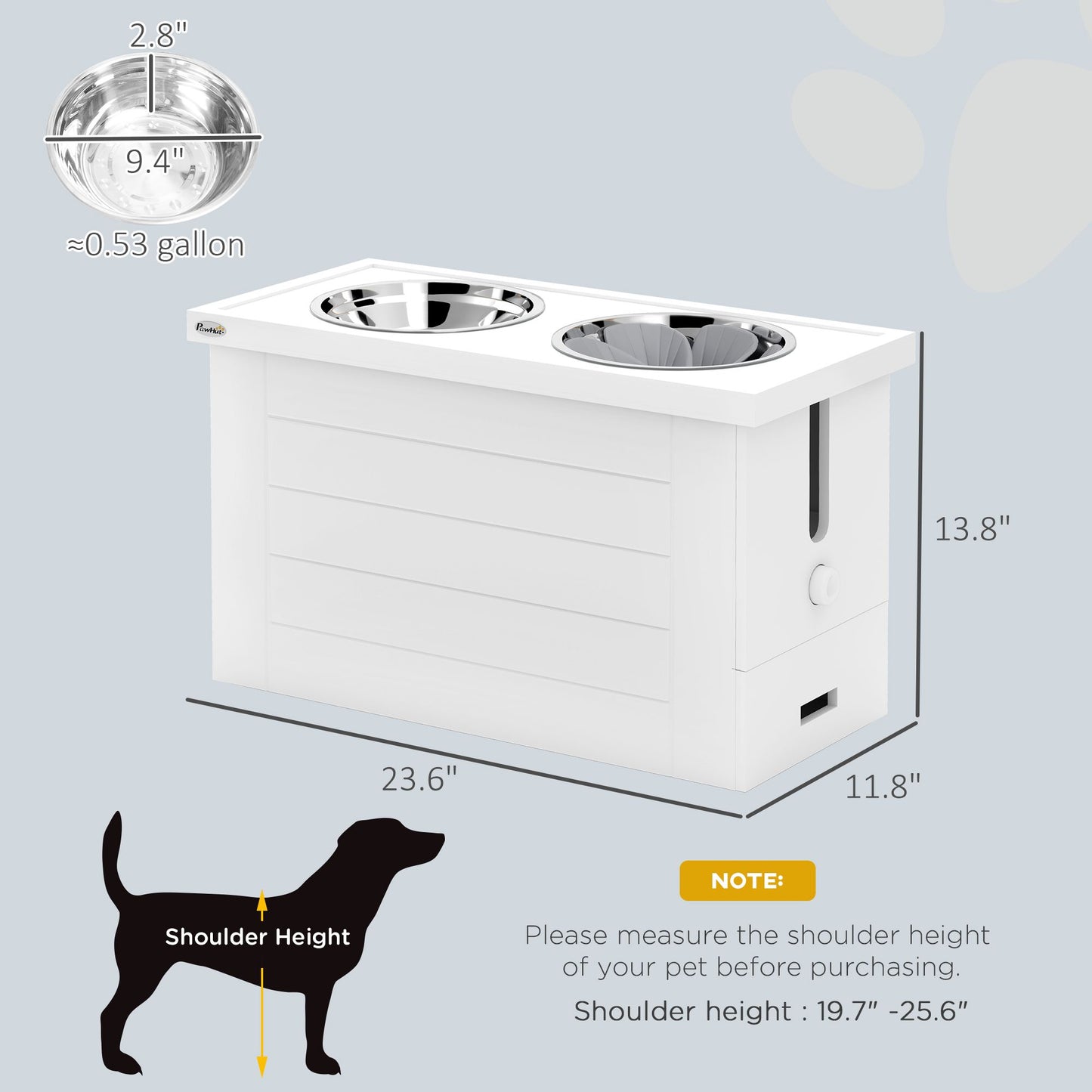 White elevated dog bowls for large dogs with two stainless steel bowls and measurement guide