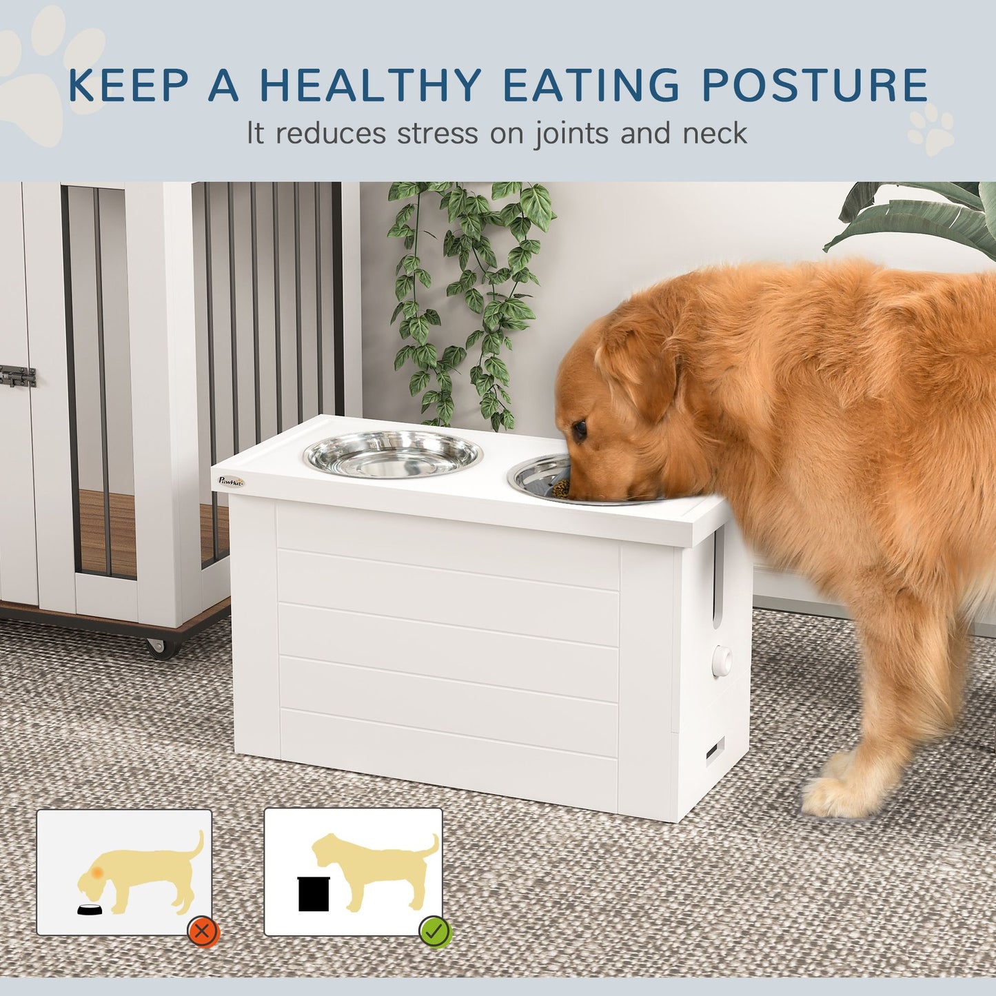Elevated dog bowls for large dogs by PawCounter.com with white stand and stainless steel bowls for healthy eating posture