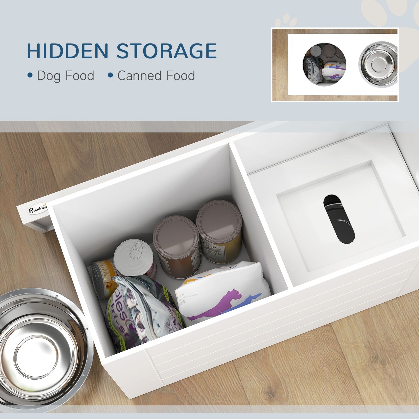 Elevated dog bowls for large dogs with hidden storage compartment for dog food and canned food