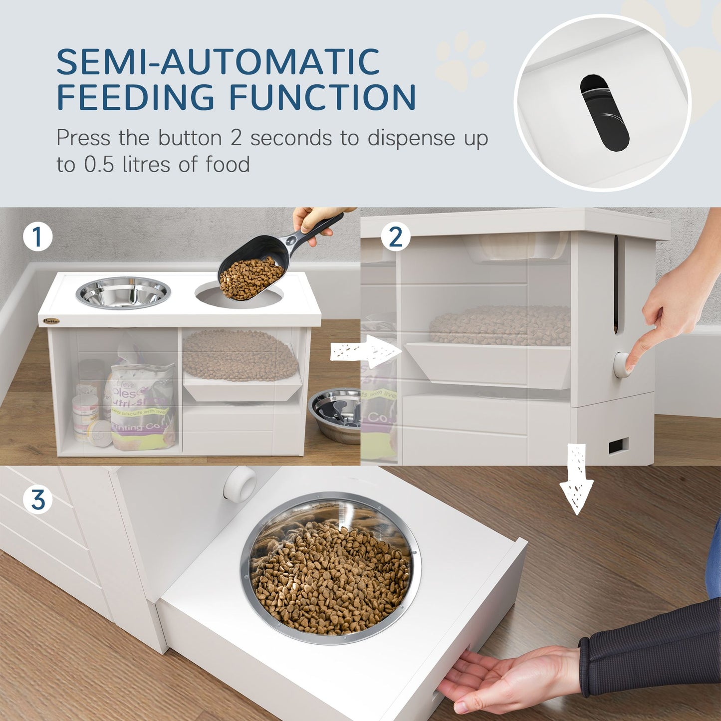 Semi-automatic elevated dog bowls for large dogs with food dispenser and stainless steel bowls