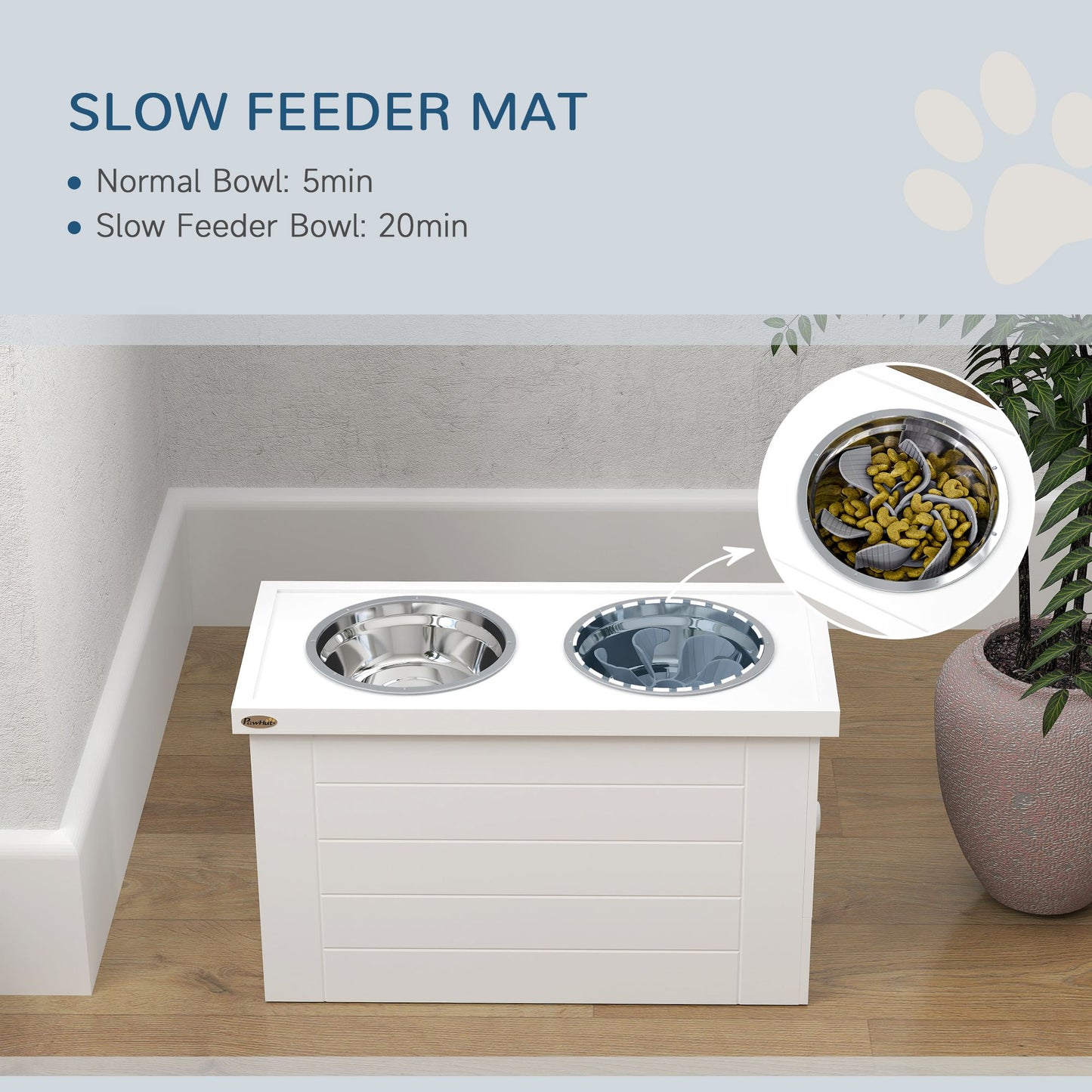 White wooden elevated dog bowls for large dogs with slow feeder mat slowing eating time