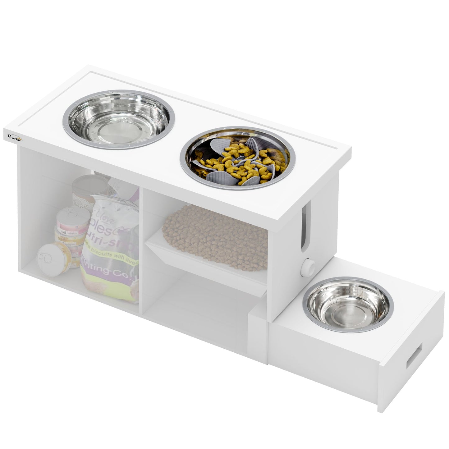 White elevated dog bowls for large dogs set with stainless steel food and water bowls and storage compartments