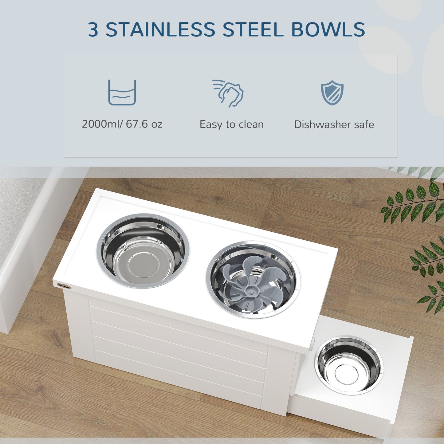 Elevated dog bowls for large dogs with three stainless steel bowls easy to clean and dishwasher safe