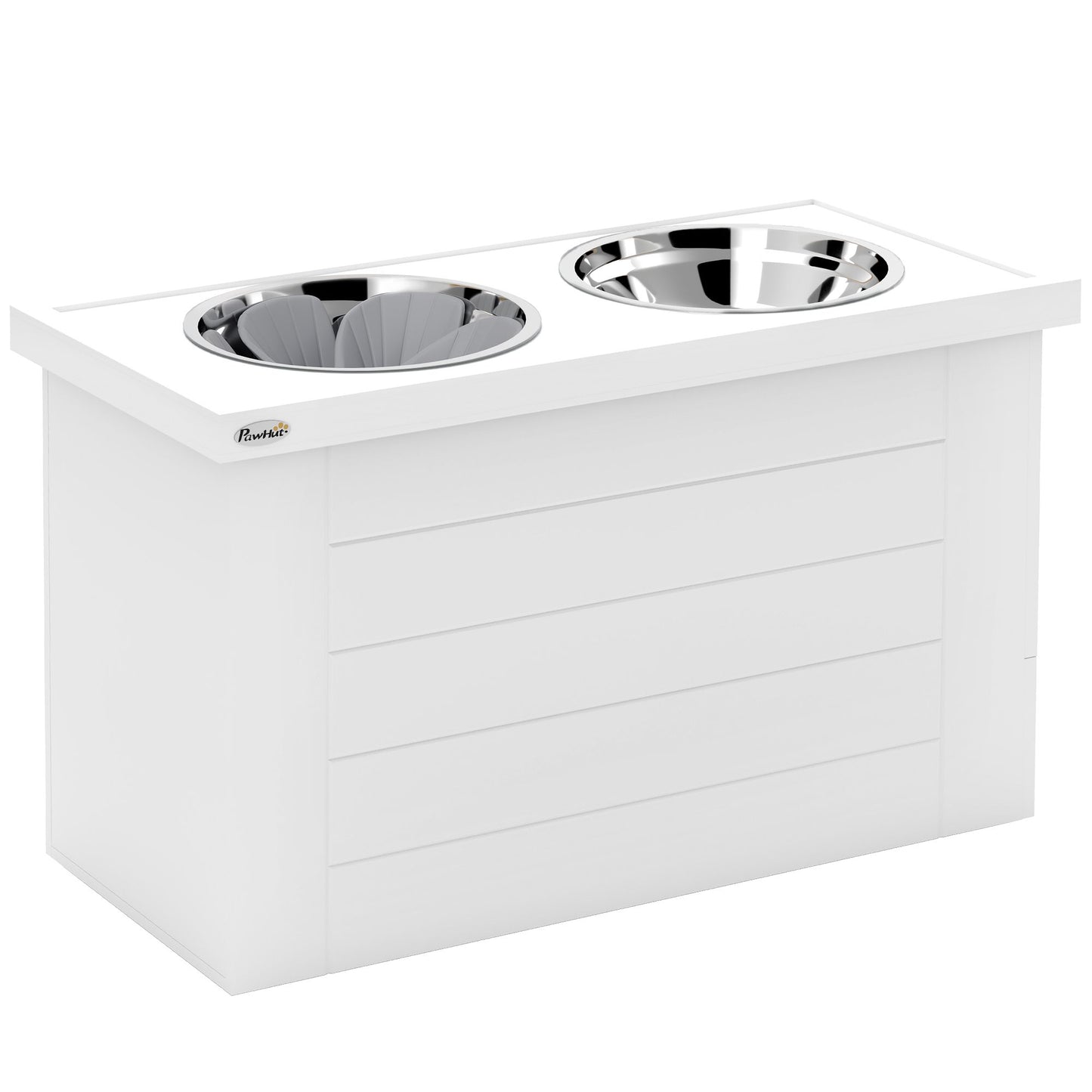 White wooden elevated dog bowls for large dogs with two stainless steel removable feeding bowls