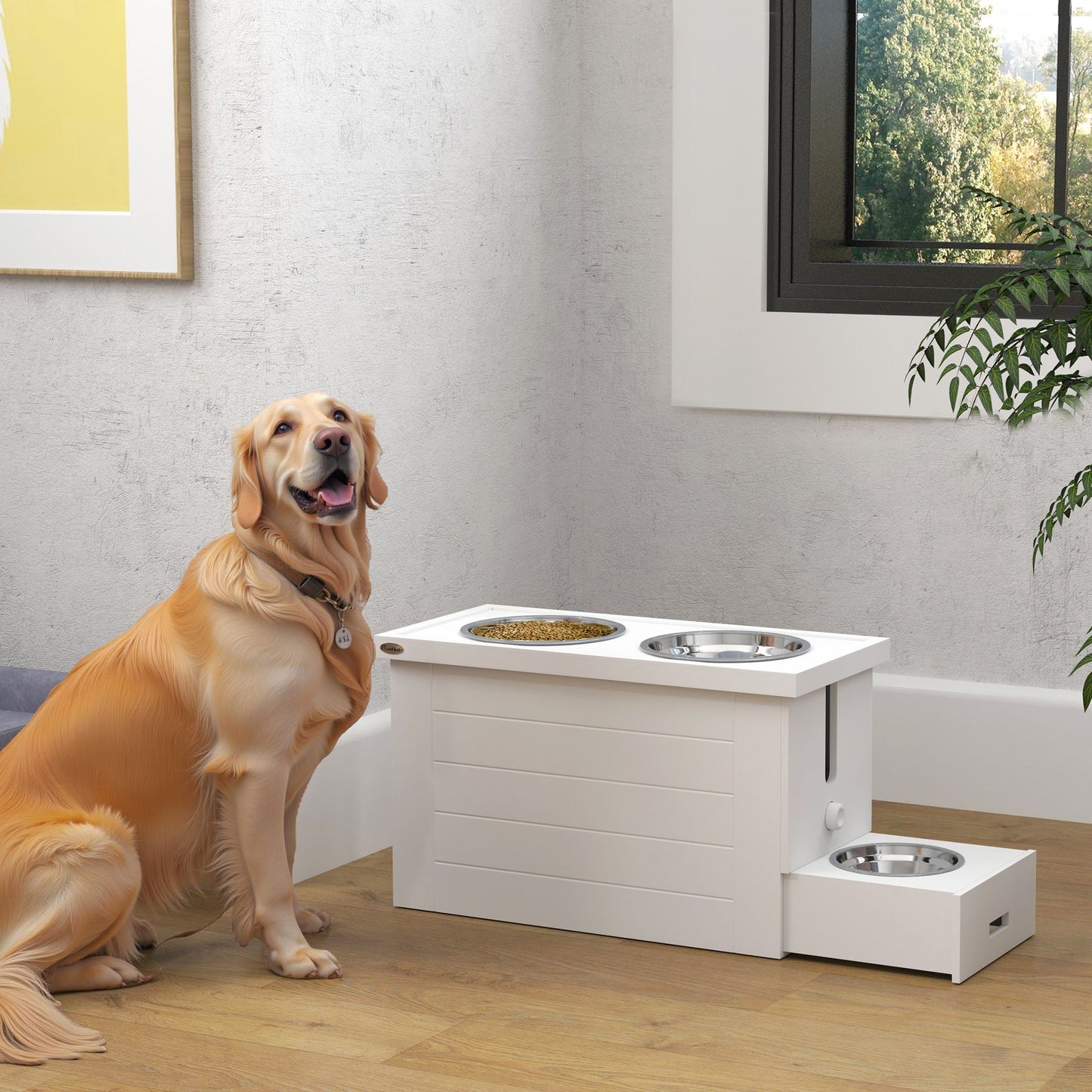 Elevated dog bowls for large dogs with a white wooden stand and stainless steel bowls next to a golden retriever