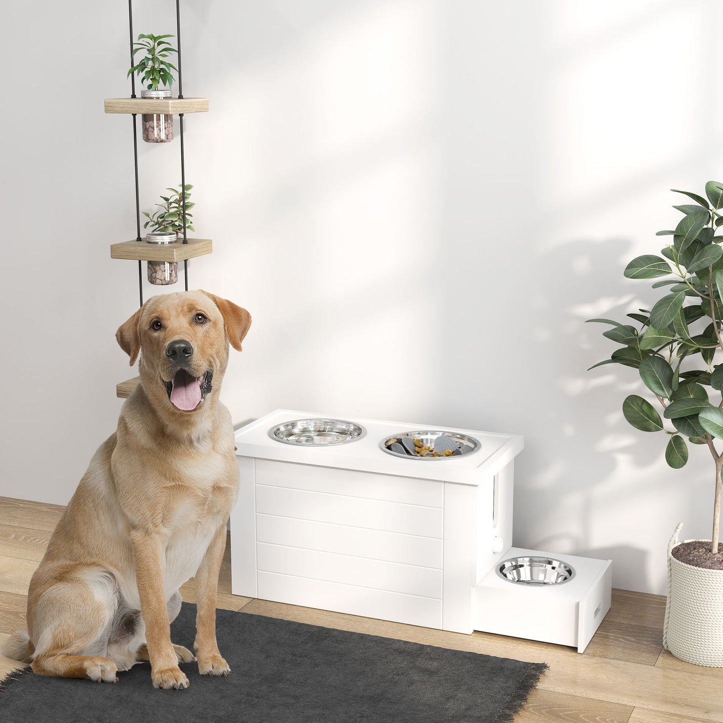 Elevated dog bowls for large dogs set in a white wooden feeder with a yellow Labrador sitting nearby on a gray rug