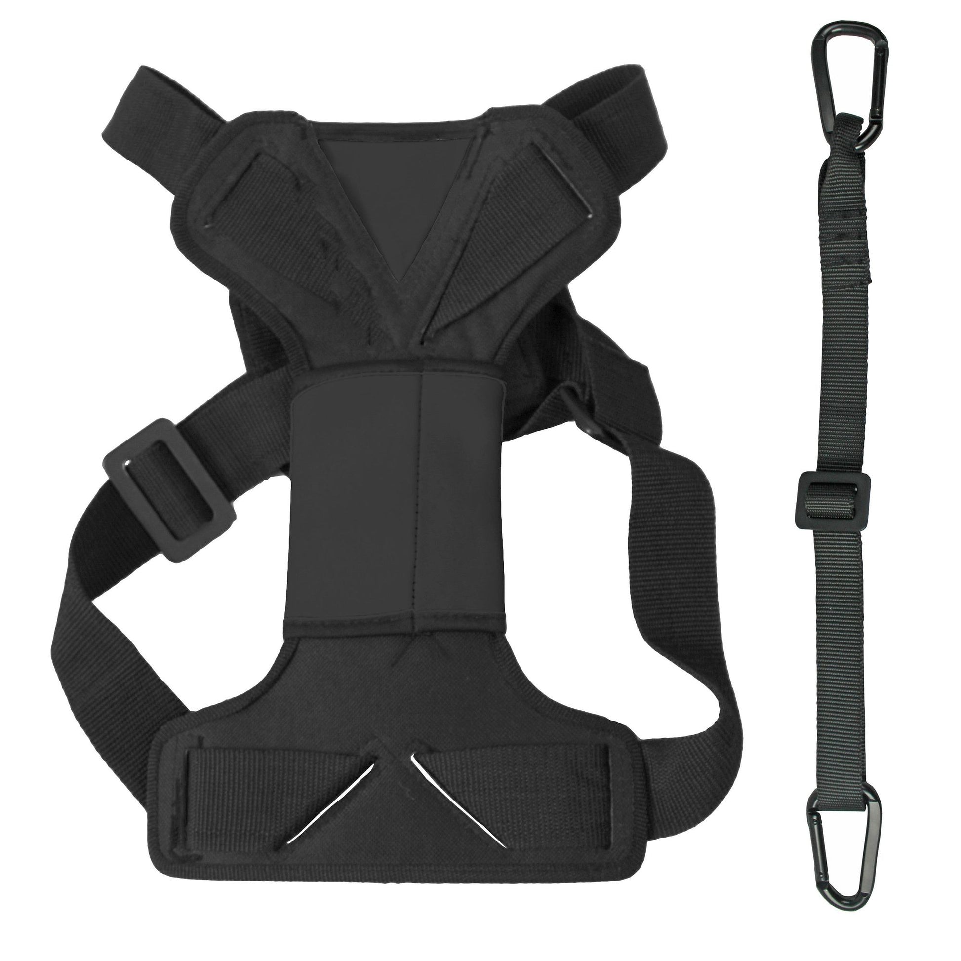 Black pet car harness with swivel hook and adjustable straps for safe vehicle travel