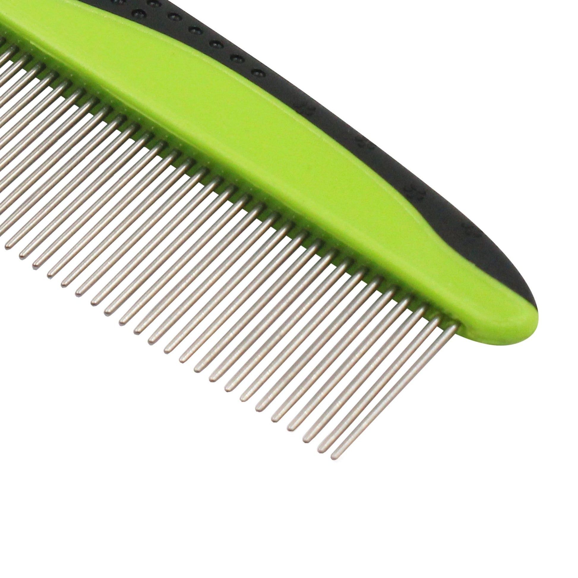 Green and black pet grooming comb for dogs and cats with metal teeth for effective grooming