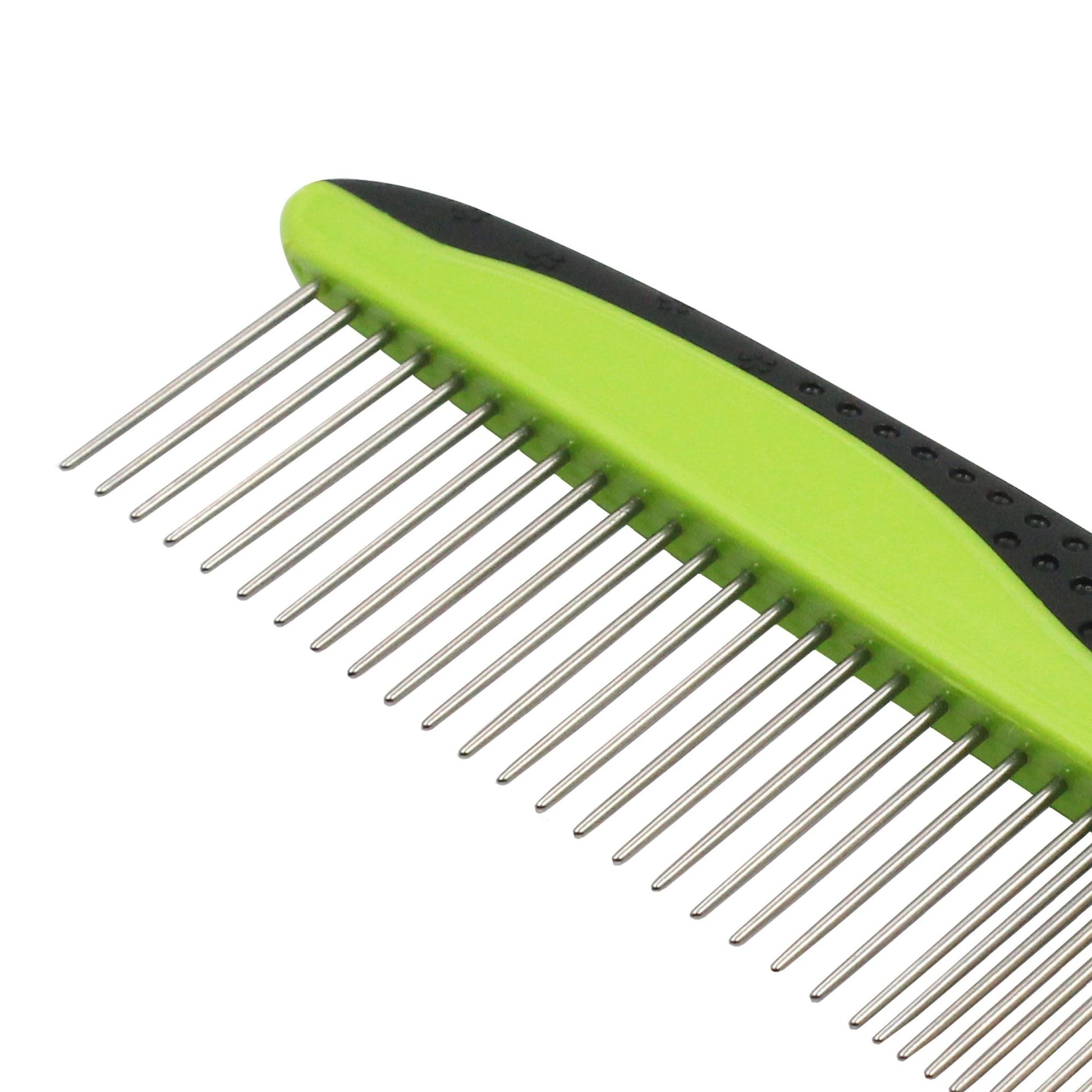 Green and black pet grooming comb for dogs and cats with stainless steel teeth for effective fur removal
