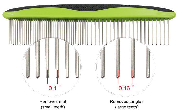 Pet grooming comb for dogs and cats with dual metal teeth in green and black ergonomic handle
