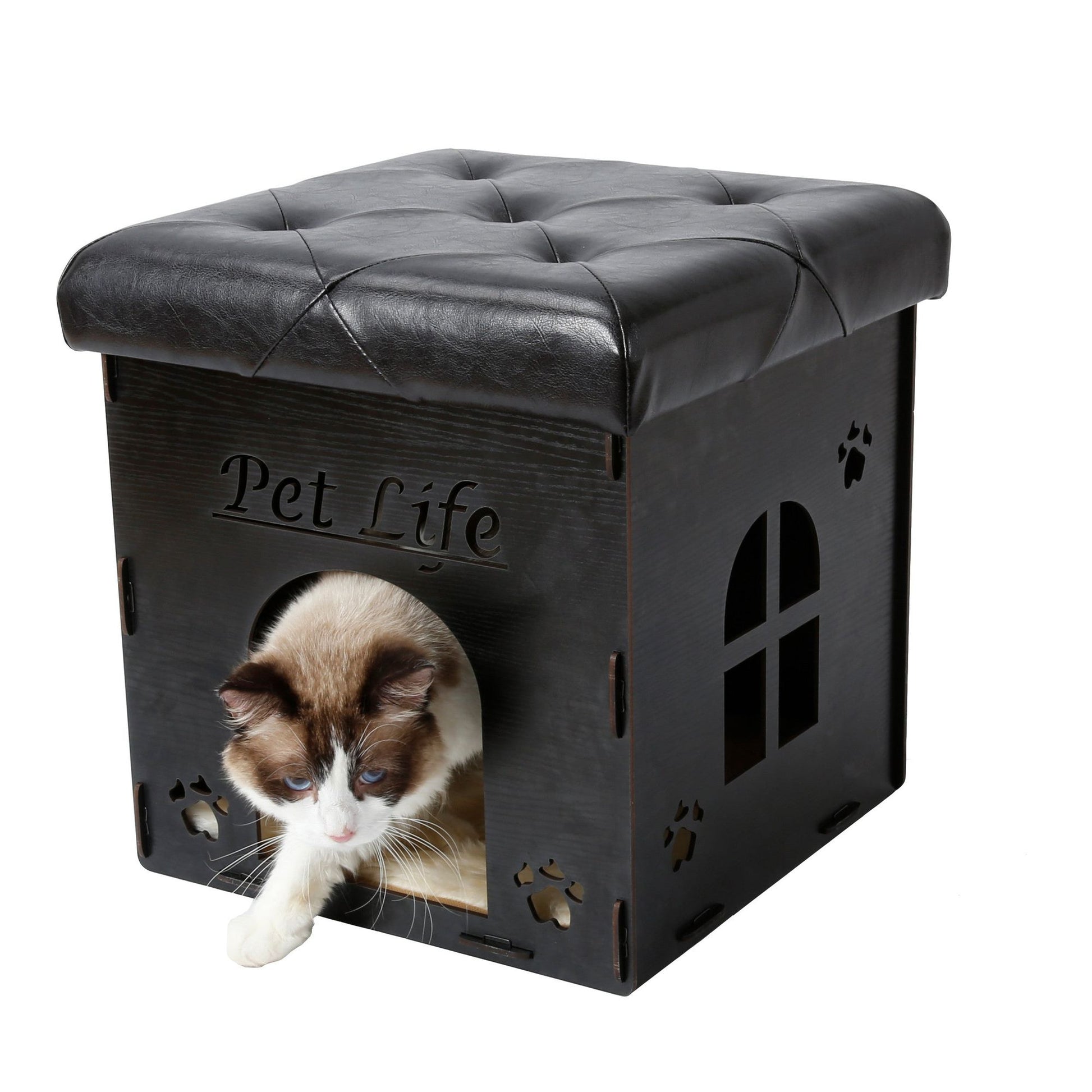 Black collapsible cat house furniture with cushioned top and cat entering opening