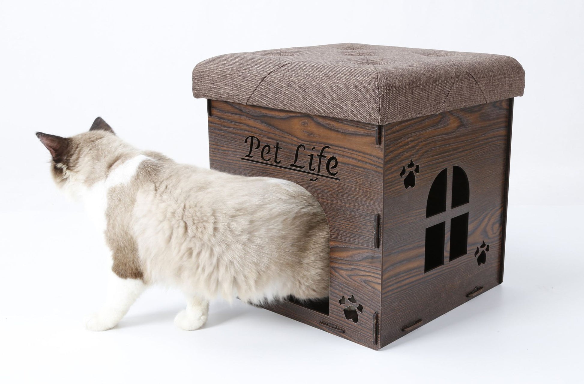 Collapsible cat house furniture with cushioned top and window cutouts by PawCounter.com next to white and brown cat