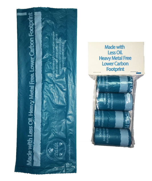 Eco-friendly pet waste bags in blue rolls by PawCounter.com with low carbon footprint and heavy metal free