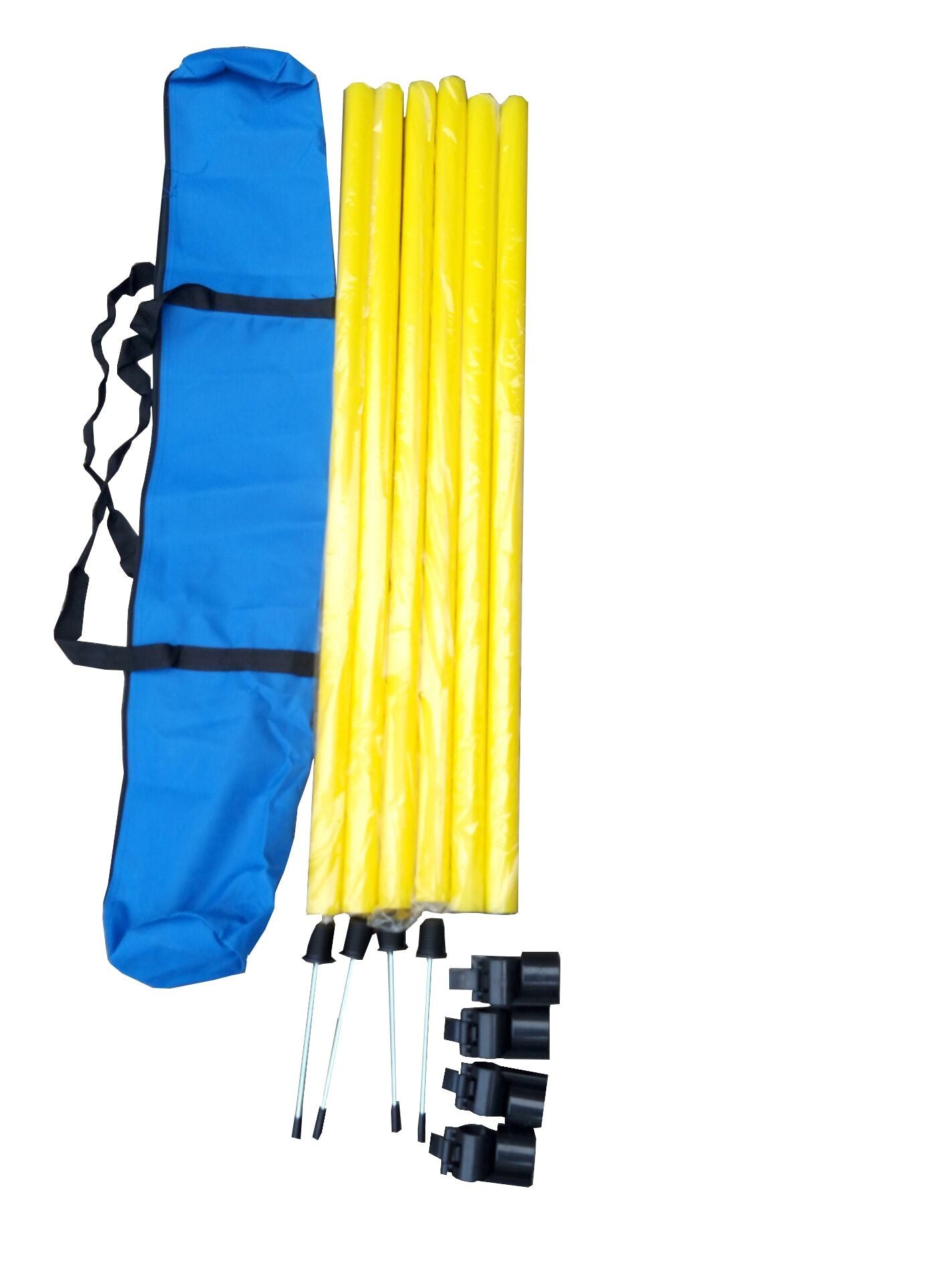 Pet life jumping hurdle set with yellow poles, black connectors, and blue carrying bag for easy transport