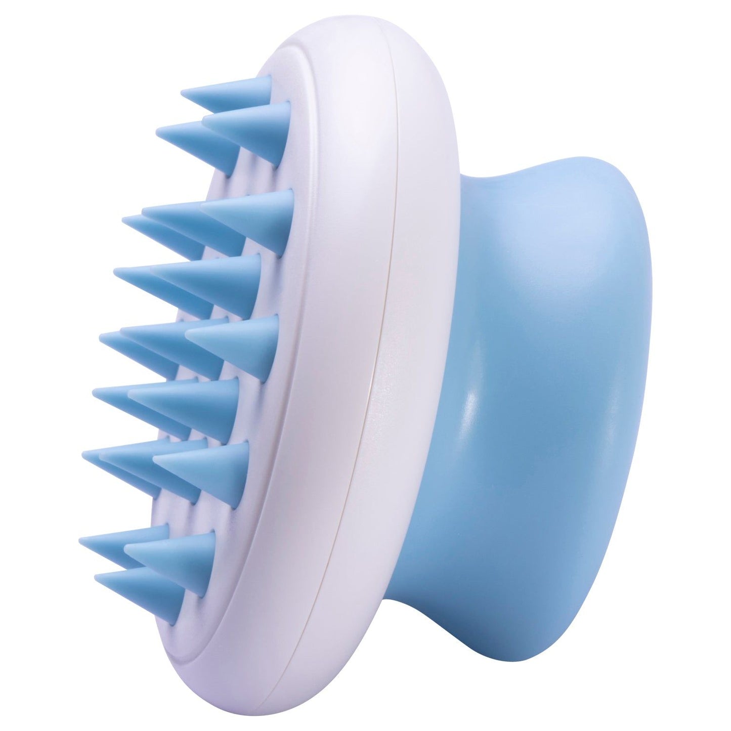 Blue and white pet bathing brush with soft silicone bristles for gentle pet grooming and cleaning