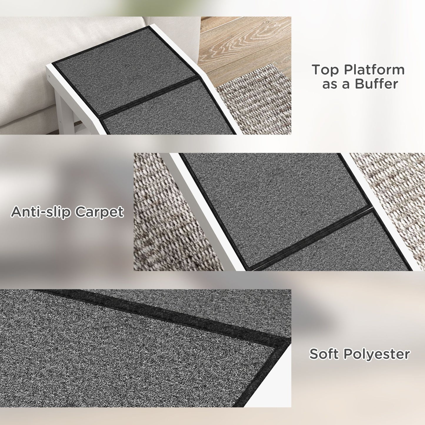 Close-up of pet ramp for dogs and cats showing anti-slip carpet and soft polyester top platform