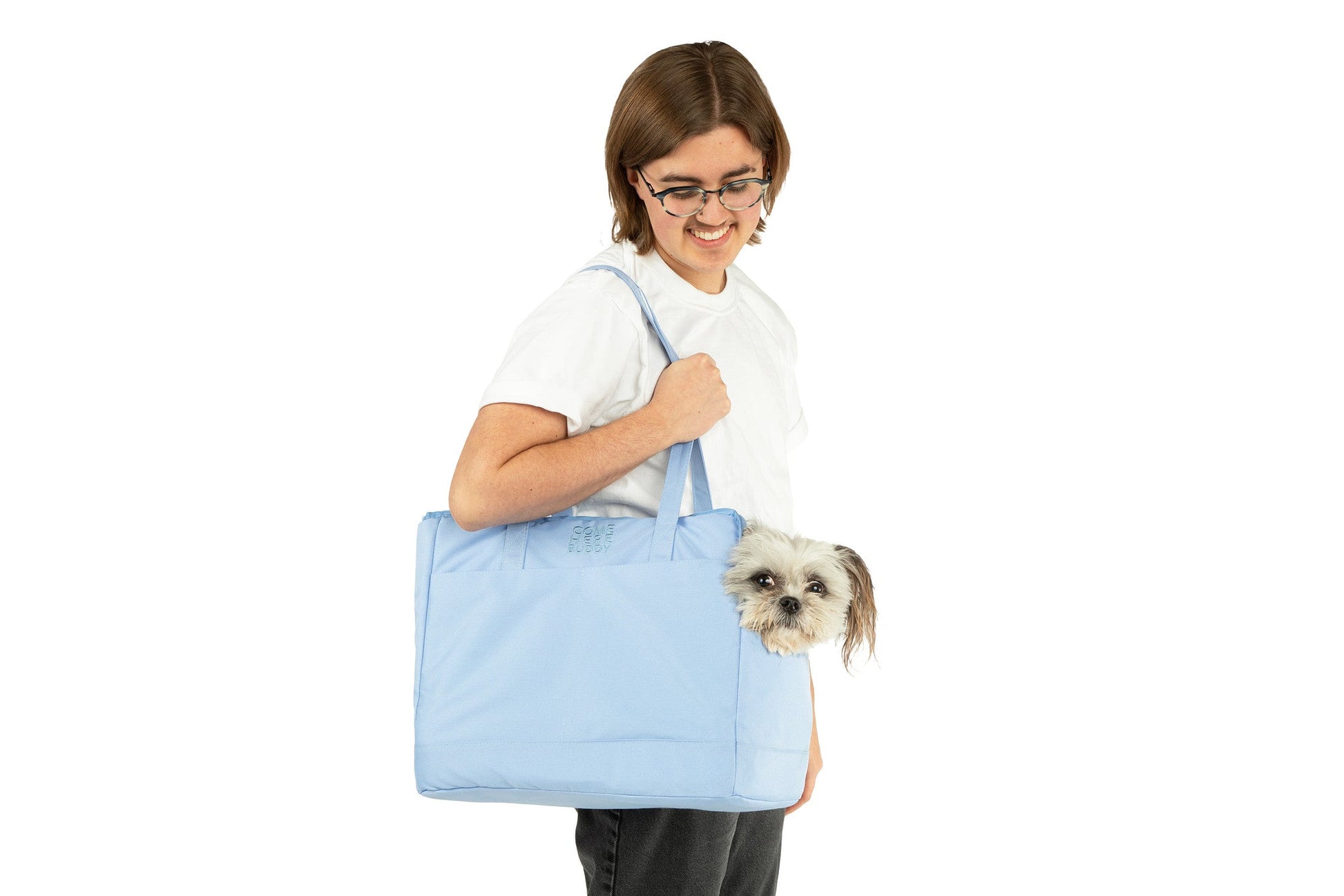 Come Here Buddy Pet Carrier in Blue, stylish pet tote bag for dogs and cats with comfortable shoulder strap