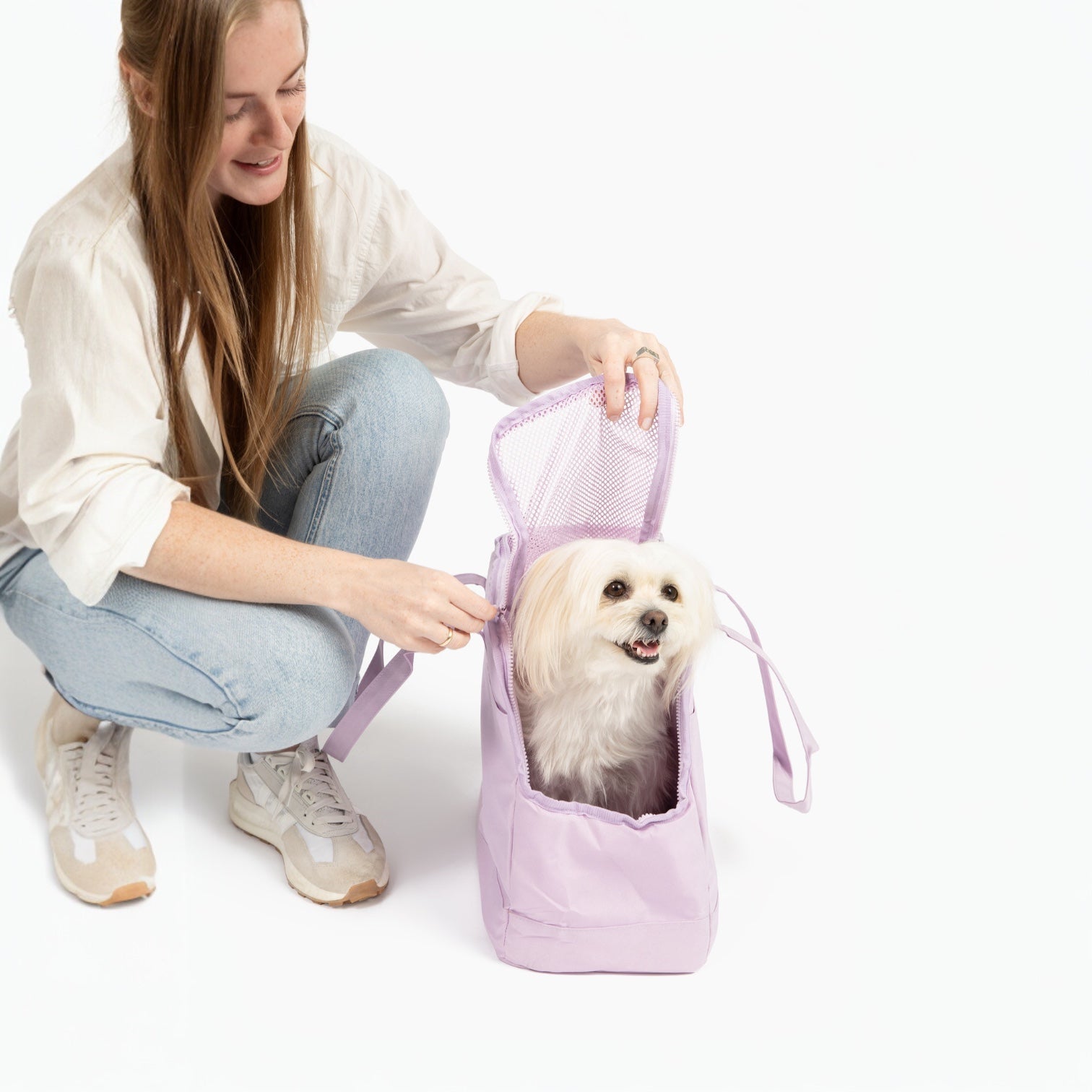 Come Here Buddy Pet Tote Bag for Dogs and Cats in lavender with a smiling dog being placed inside