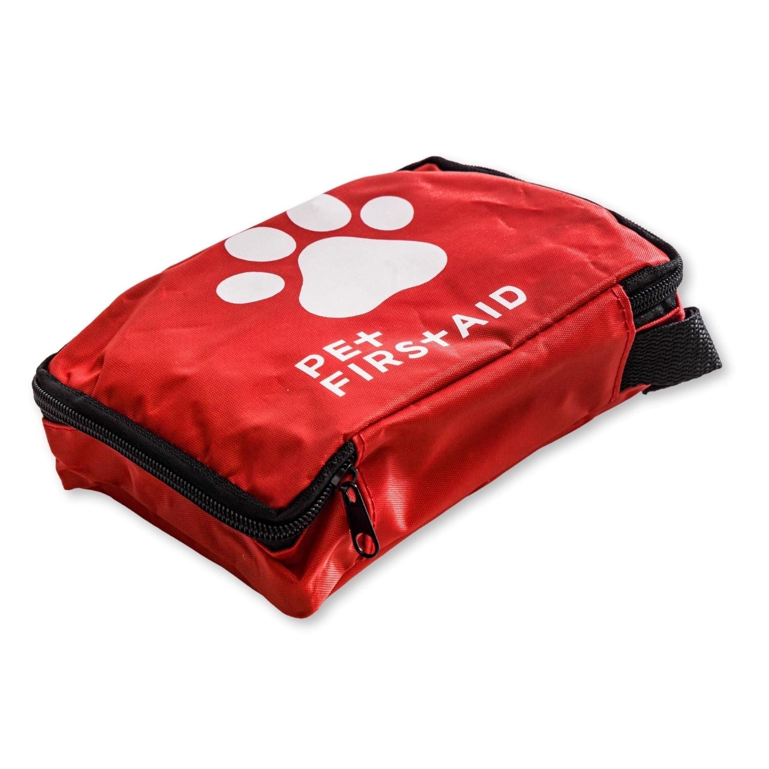 American Pet Supplies red pet travel first aid kit pouch with white paw print and zipper closure